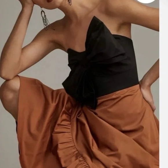 Anthropologie Hutch 18W RUNS SMALL Bow-Tie Tiered Ruffle Maxi Dress Black Brown - Picture 2 of 12